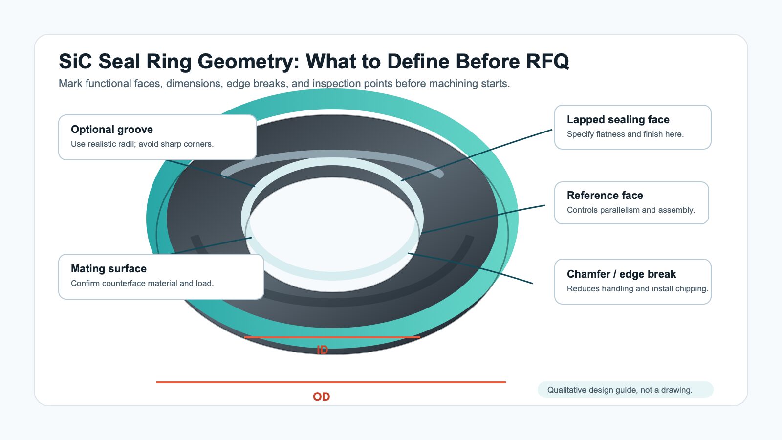 SiC seal ring geometry diagram Silicon carbide ceramic seal ring geometry diagram showing OD, ID, sealing face, chamfer, optional groove, and mating surface